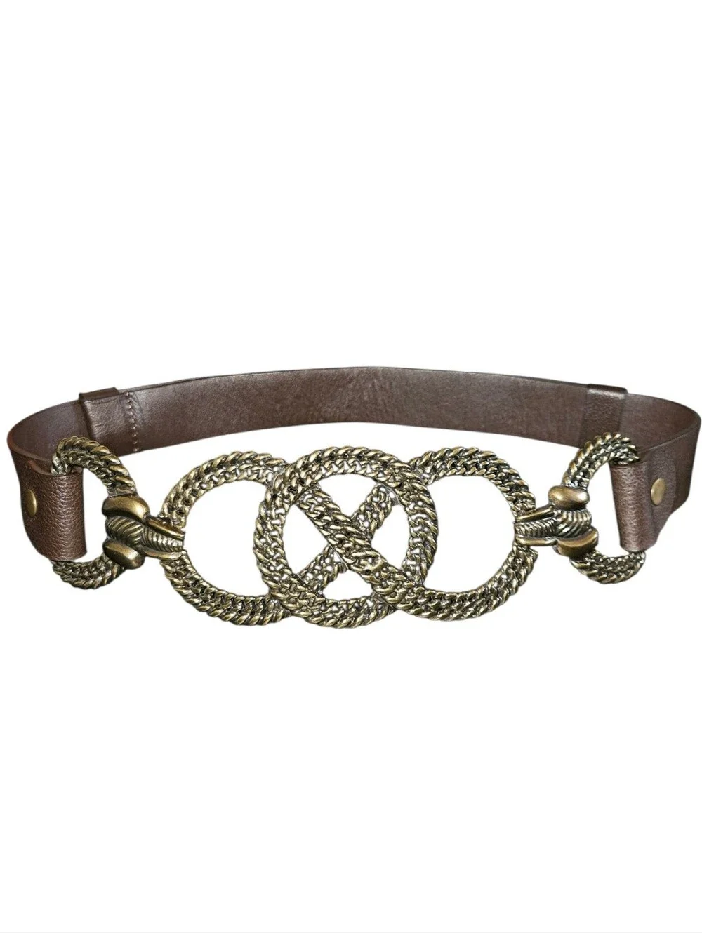 Vintage Chico's Women's Brown Leather Slider Brass- Tone Statement Belt Size M/L
